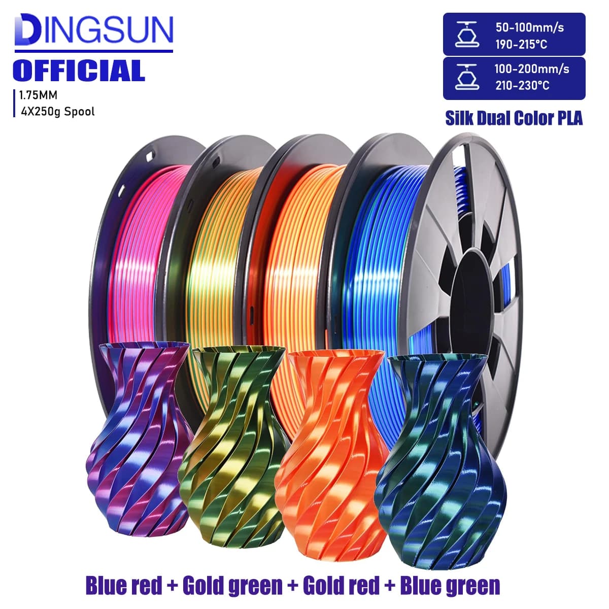 3D Printer Filament Two-tone Silk Filament 1.75 mm +/- 0.02 mm, 3D Printing Filament PLA bicolor 250 x 4 reels