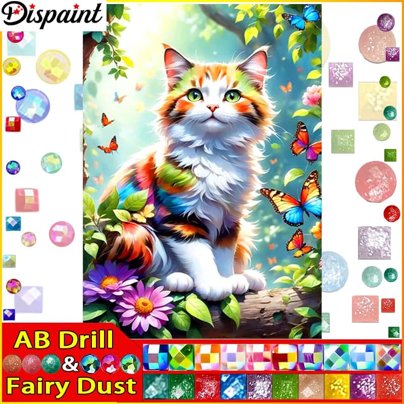 Dispaint Fairy Dust AB Square/Round Drill 5D DIY Diamond Painting "Cat Butterfly" Embroidery Cross Stitch Full Rhinestone Decor