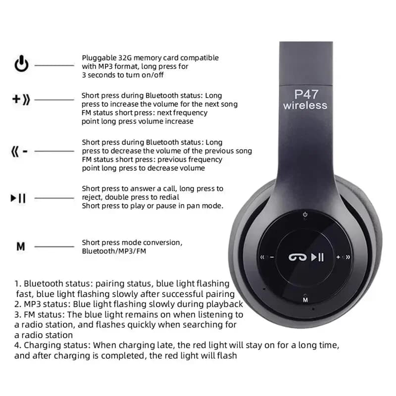 Gaming Experience: P47 Folding Series Wireless Sports Game Music Headset For Xiaomi Sumsung iPhone17 With Mic Support SD Card