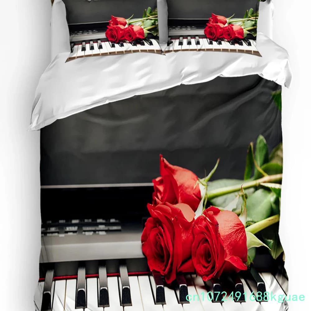 Piano Music Red Rose Flower Bedding Set 3pcs Duvet Cover Pillowcase Kids Adult Quilt Cover Double Bed Set Home Textile