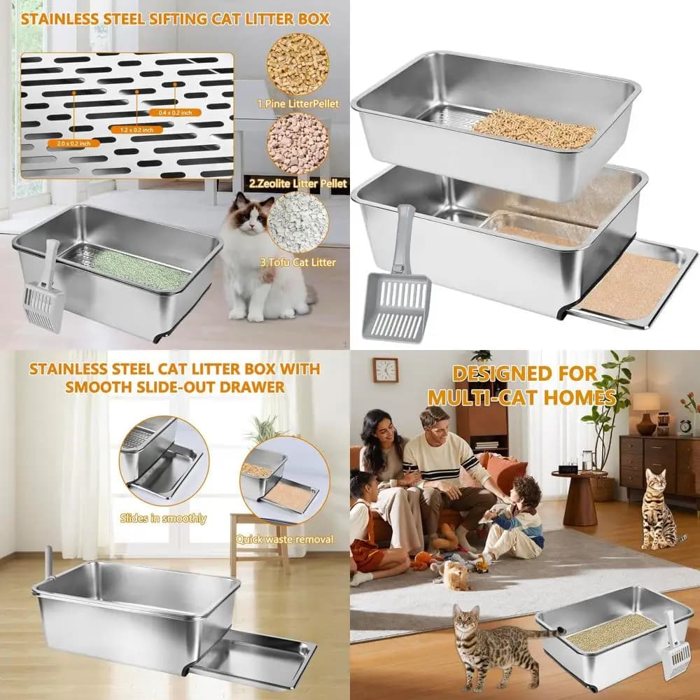 Lettiera per Gatti Extra Large in Acciaio Inox con Vassoio Estraibile, Bordi Alti, Paletta in Plastica e 10 Tappetini Assorbenti per Gatti XXL