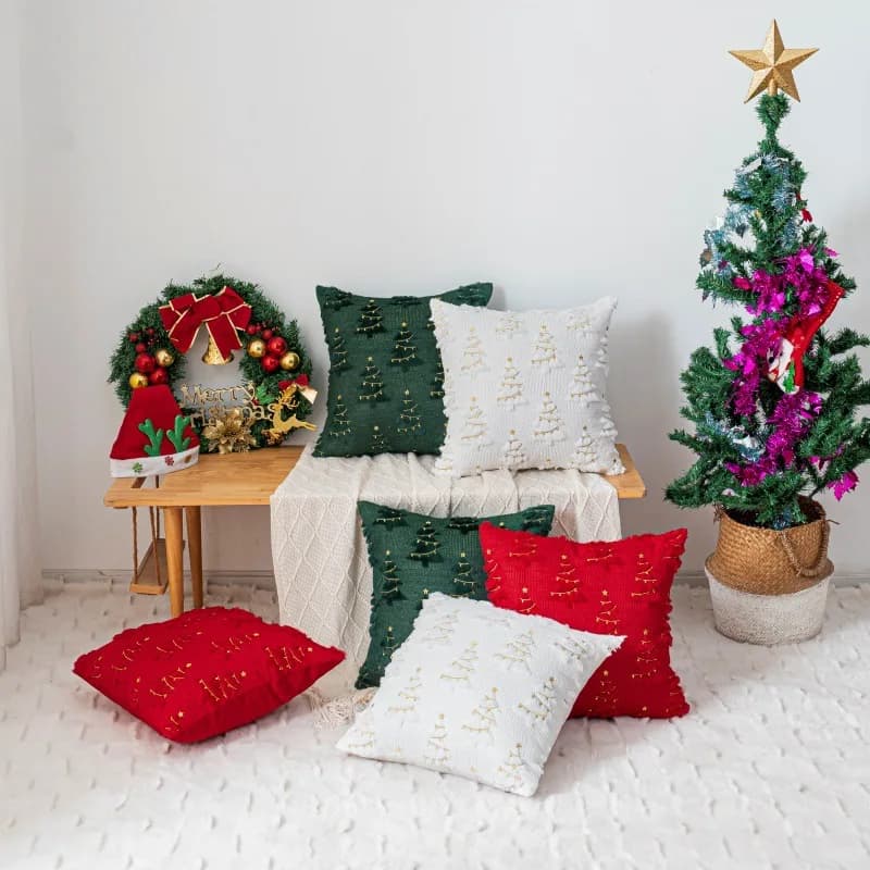 18 Inch Pillow Sheet Christmas Tree Pillow Covers Christmas Tree Plush with Golden Stars and Pine branches Pillow Federation