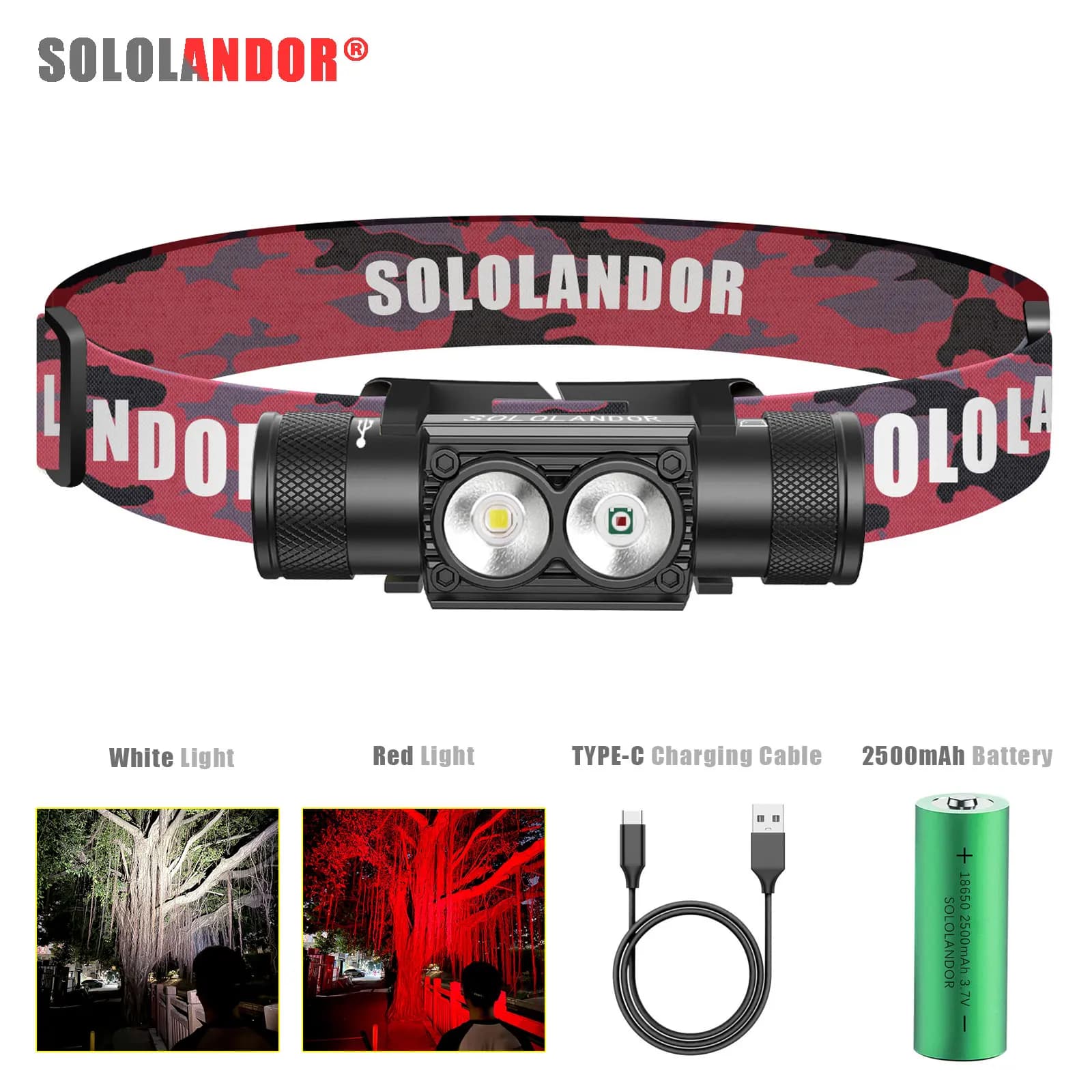 1PC SOLOLANDOR Torcia frontale a LED bianca e rossa USB TYPE-C con batteria 18650, lampada da testa per esterni, luce da caccia, torcia flash