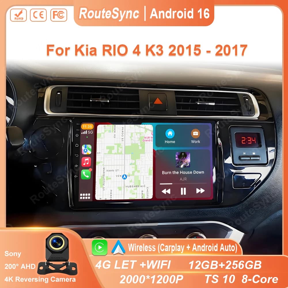 Android 16 For Kia RIO 4 K3 2011 2012 2013 2014 - 2017 Carplay Car Radio Navigation GPS Multimedia Player stereo wifi+4G Auto BT