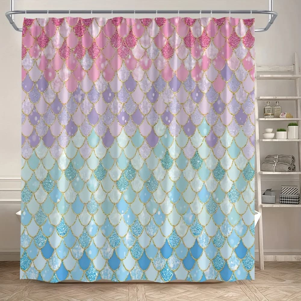 Tenda da doccia a sirena: sfumato arcobaleno rosa e blu, design moderno astratto, mondo sottomarino fantasy, include ganci