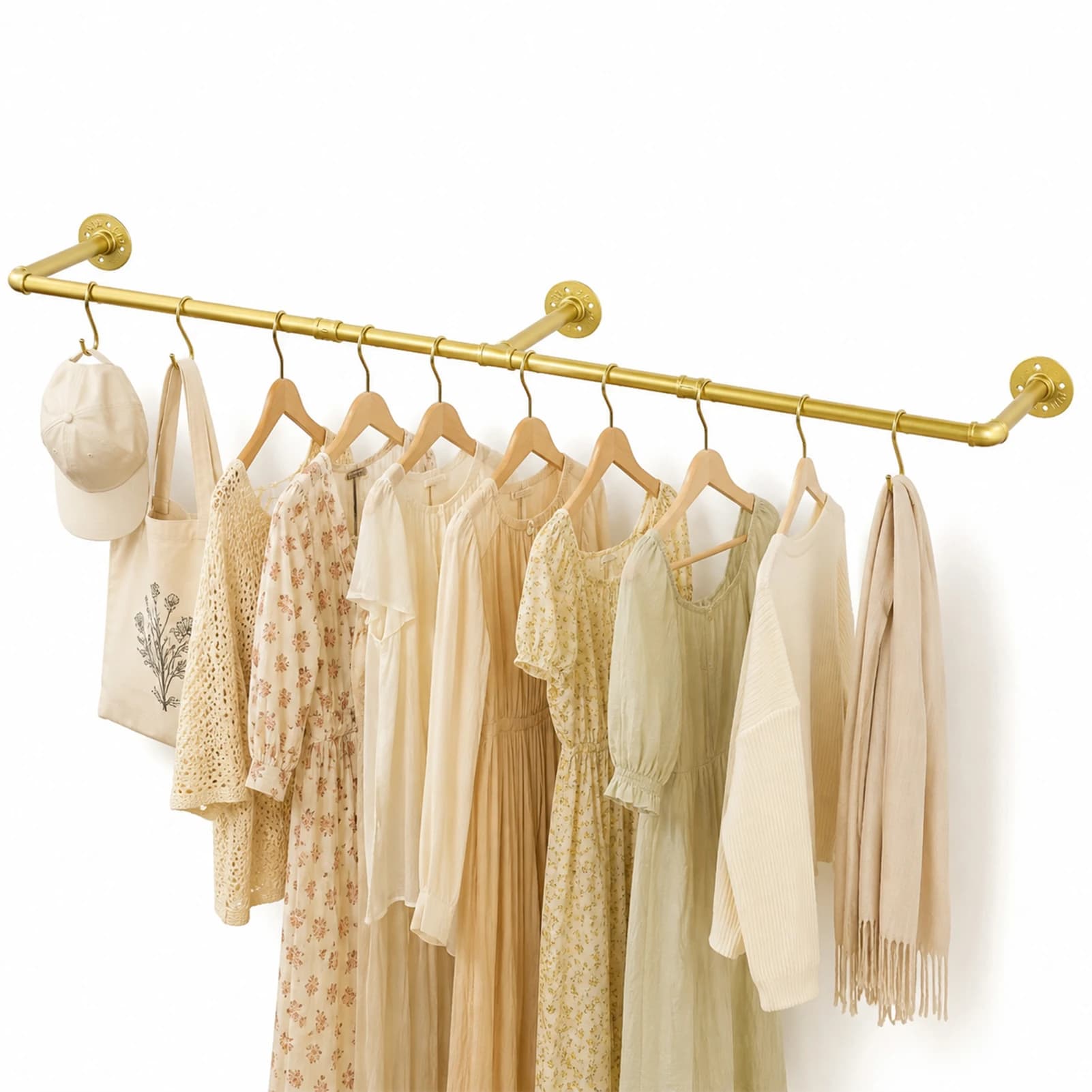 1.8M Wall Mounted Clothes Rail Heavy Duty Industrial Pipe Garment Bar, Vintage Retro Style Towel Holder Rack & Wardrobe Hanging Rod for Bedroom or Laundry Room (Gold)