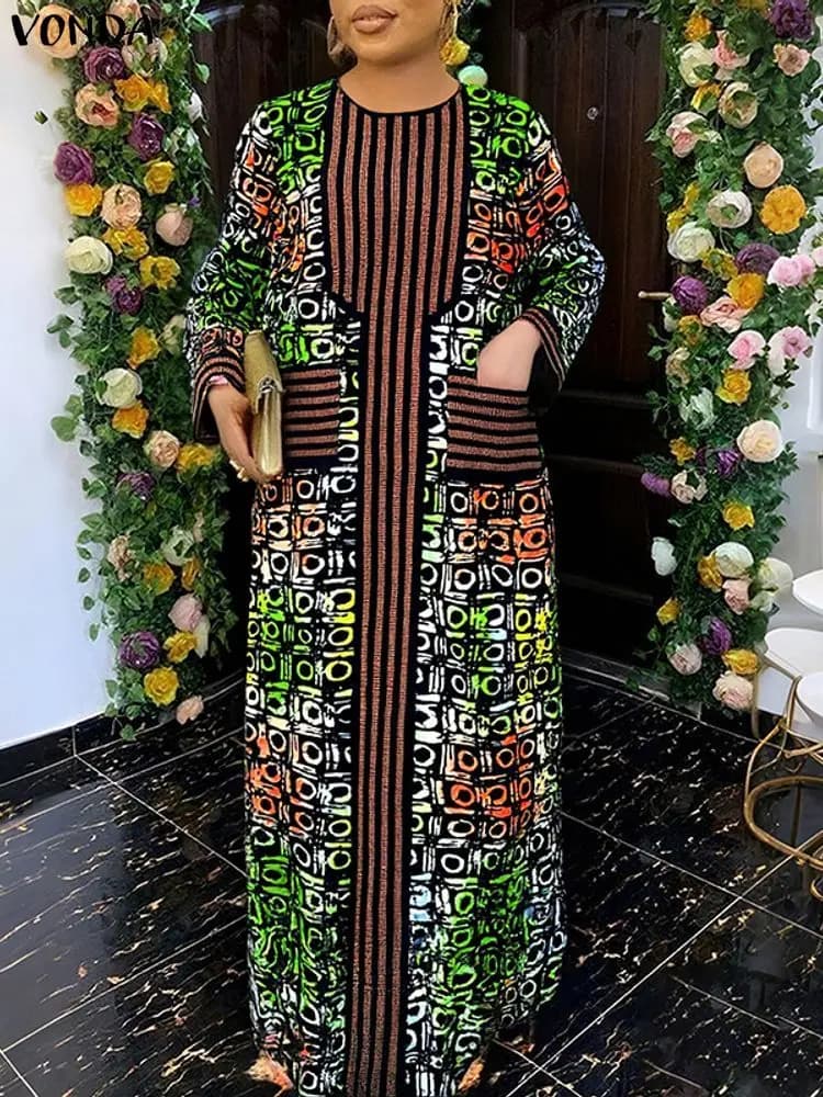 Plus Size 5XL VONDA Vintage Maxi abiti da donna Bohemian Print Party Long Sundress Tasche a maniche lunghe Autunno Casual Abiti