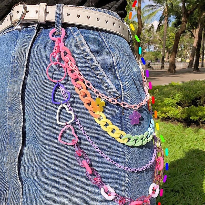 Catena per Pantaloni in Acrilico Stratificato con Ciondolo a Cuore/Fiori, Catene per Pantaloni in Resina Arcobaleno, Catene per Portafogli, Portachiavi, Catena per il Corpo