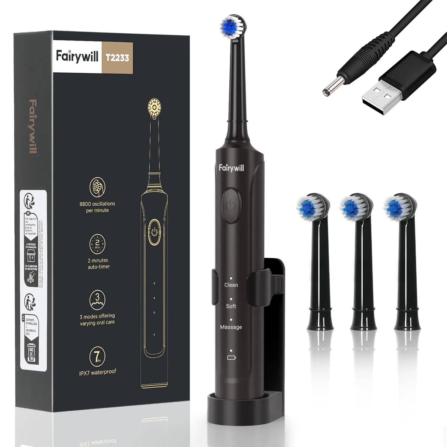 Spazzolino elettrico Fairywill T2233Potenza pulizia a rotazione 4 testine di ricambio Spazzolino sonico ricaricabile per adulti