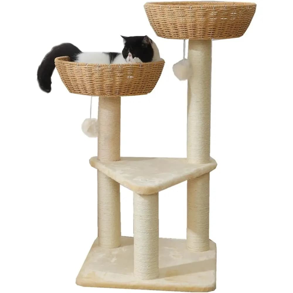 SHENGOCASE Tiragraffi per Gatti con Cesto in Vimini, 2 Grandi Nidi Intrecciati a Mano, Postazione per Finestra o per Gatti Grandi fino a 9 kg