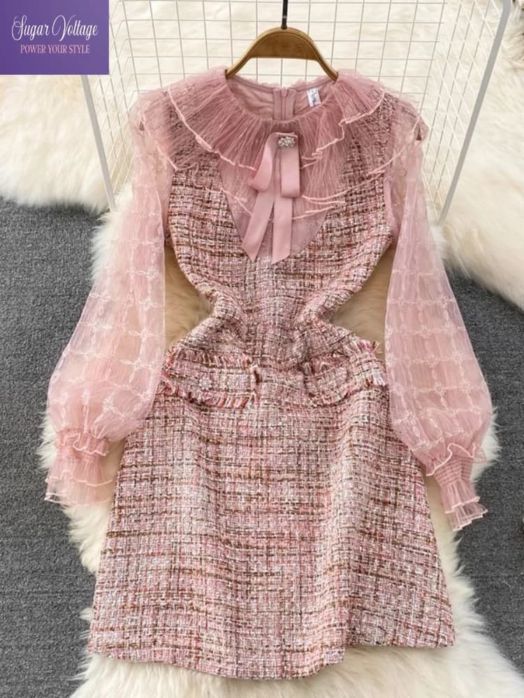 Abito francese elegante in tweed a rete patchwork Abito da donna vintage A Line Mini abito con volant Colletto con fiocco Manica lunga Autunno Nuova moda