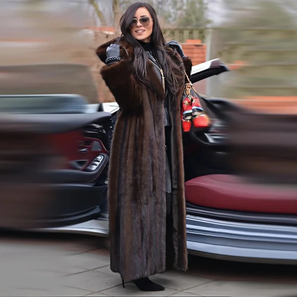 Women's Long Coat in Faux Visone Skin Dark Brown with Hood, Winter 2025, Hot and Luxurious with Belt, Ideal for Daily Use, Party and Streetwear