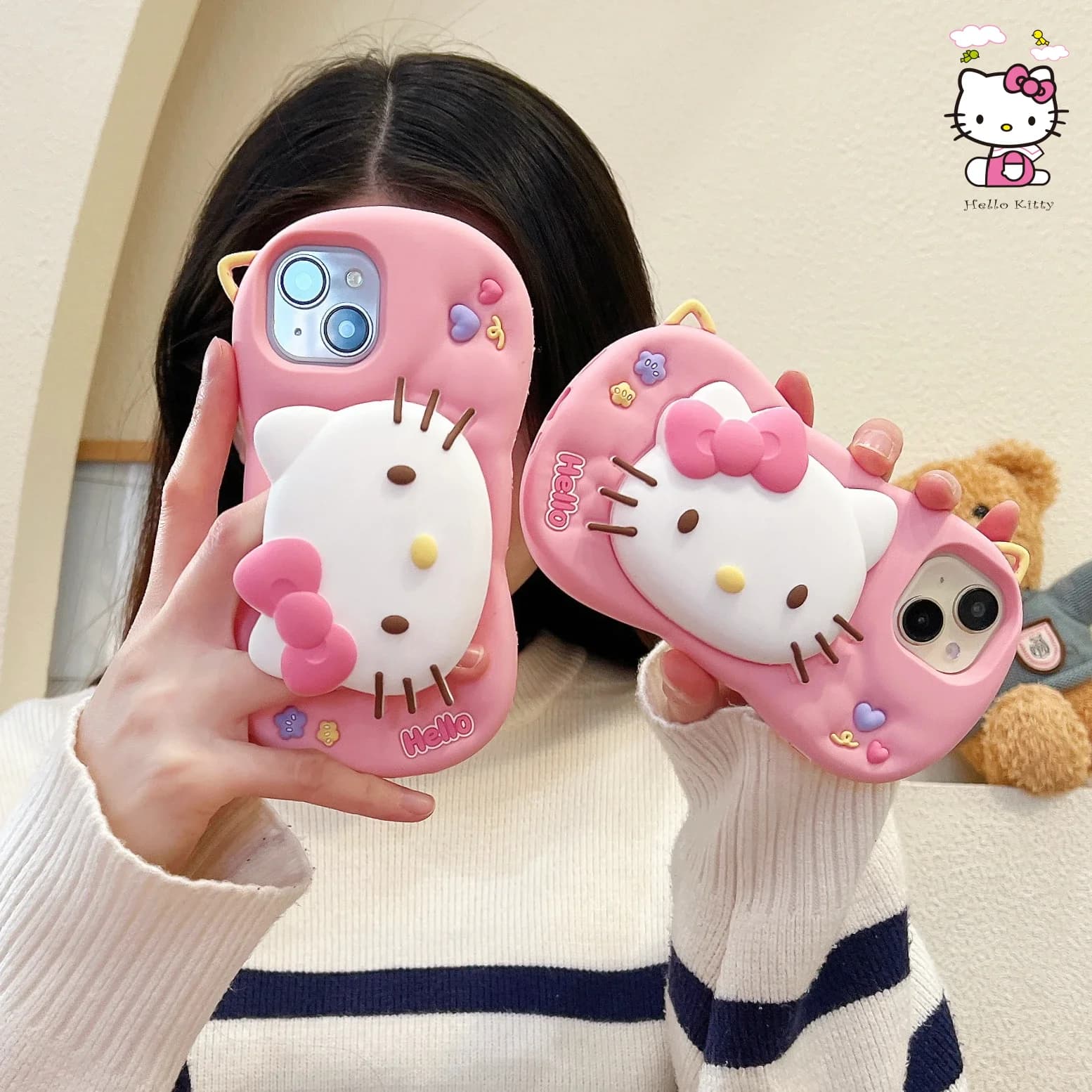 Supporto per telefono Hello Kitty simpatico con impugnatura per iPhone 17 16 15 14 13 12 Pro Max Plus 17 Pro, custodia morbida in silicone 3D con cinturino