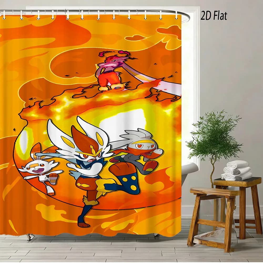 Tenda da doccia per bagno con disegno 2D piatto di Pokemon Scorbunny Evolution Group Fire Orange Cartoon
