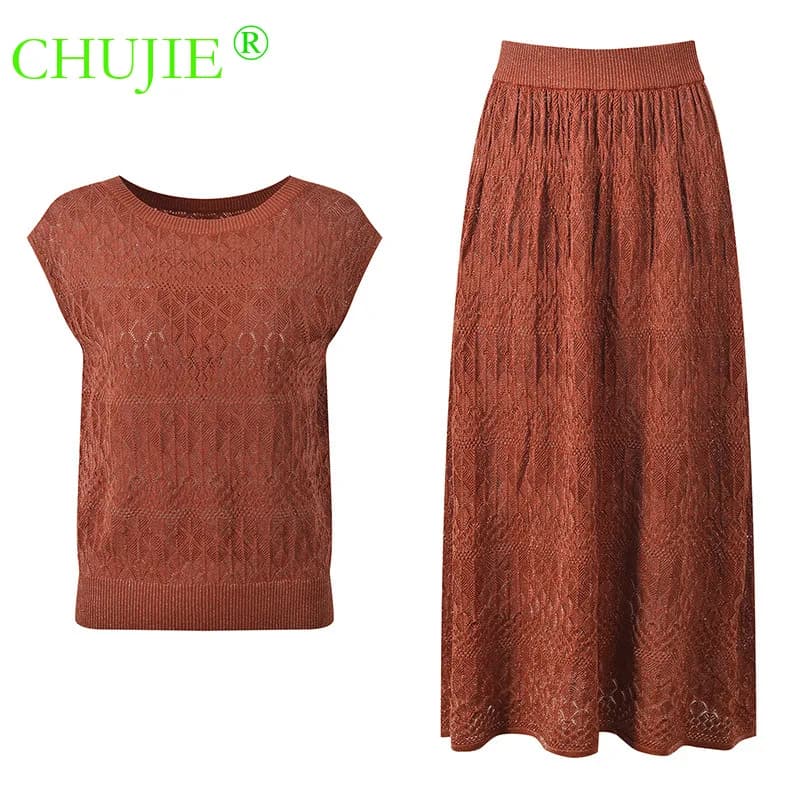CHUJIE 2026 Nuovo Set Primavera-Estate: Top in Maglia Traforata Senza Maniche con Collo Tondo e Gonna a Vita Alta