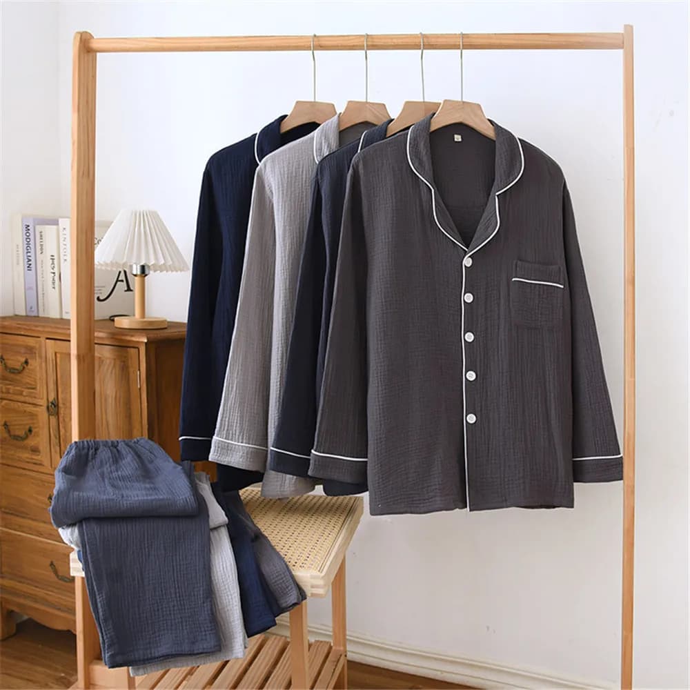 Men's Long Sleeve Shirt Trousers Pajamas Set for Spring Autumn Thin Cotton Casual Loose Home Wear Clothing Set
