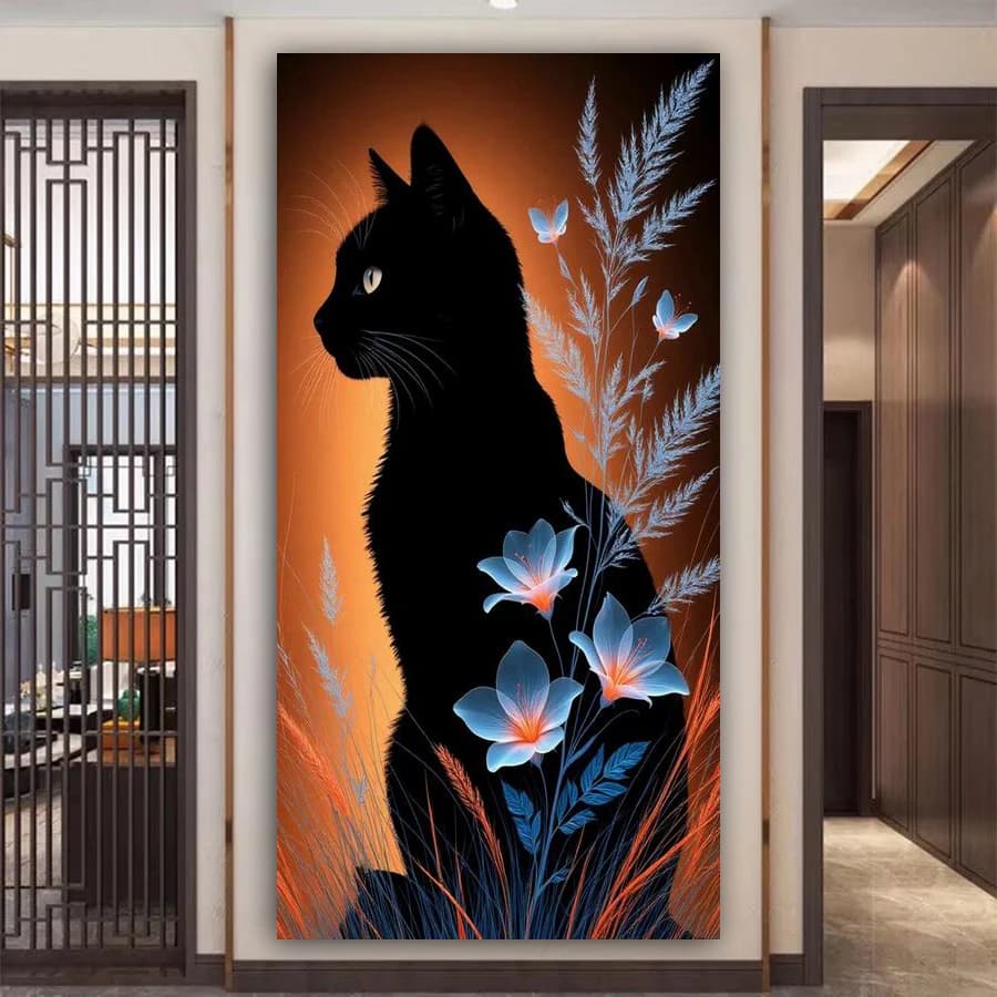 Kit Pittura Diamante Fai da Te Grande Formato Gatto Nero con Fiori, Animali, Mosaico Ricamato con Diamanti Quadrati o Rotondi Completi