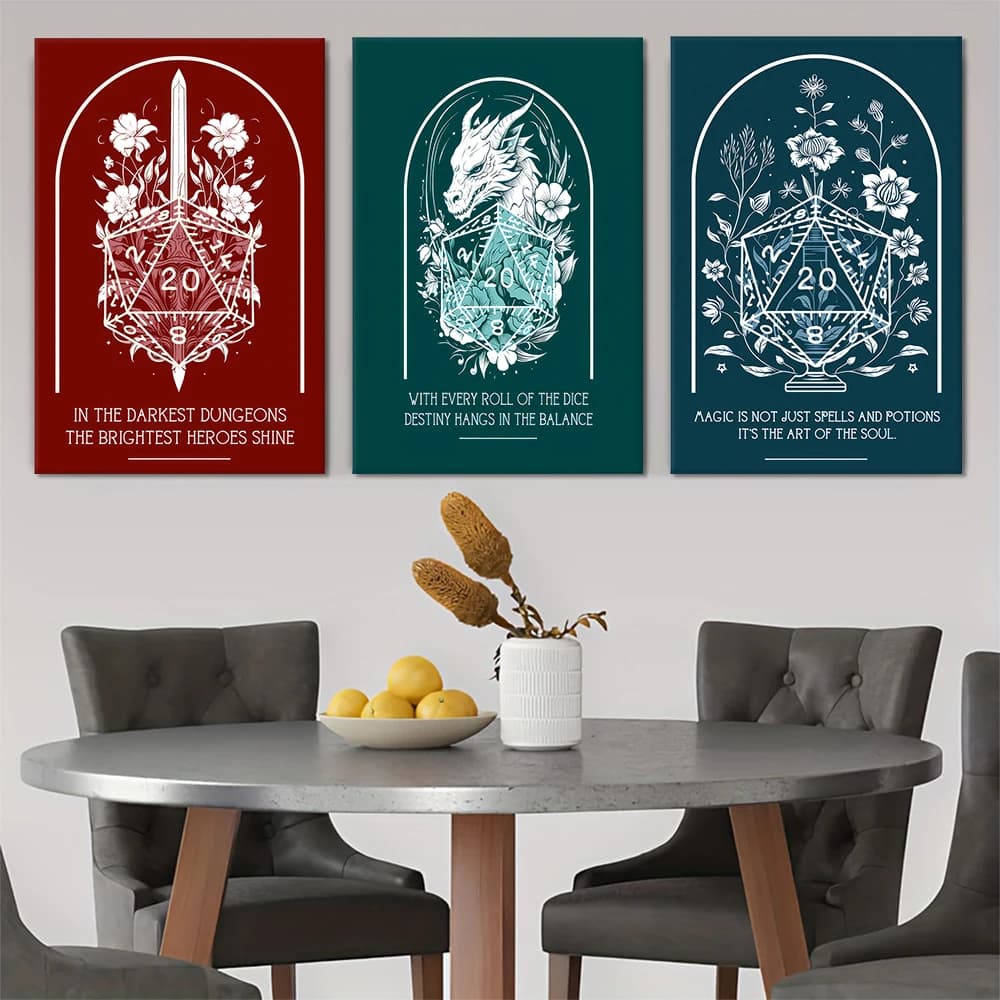3PCS DND D20 Dice Dragon Sword Floral Canvas Wall Art, Dungeons Dragons Quote Poster Game Room Decor