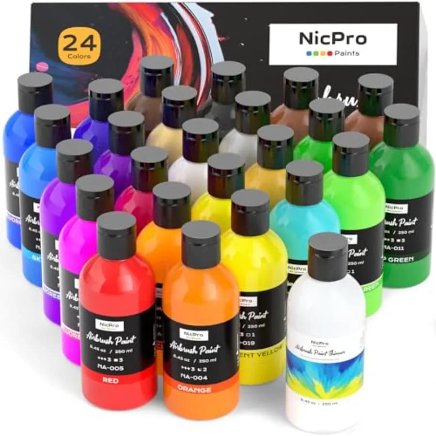 24 Colors Airbrush Paint 8.45 oz, 250 ml with 1 Thinner, Large Bulk Ready to Spray Airbrush Paint Set, Opaque Water-Based Acryl