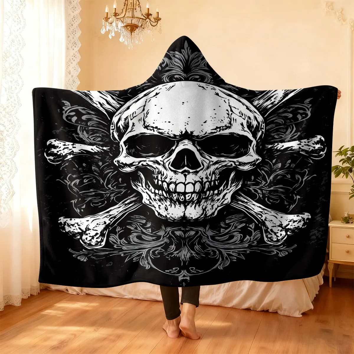 1pc dark retro skeleton crossbone hat blanket flannel hoodie wearable cape blanket, soft and casual blanket