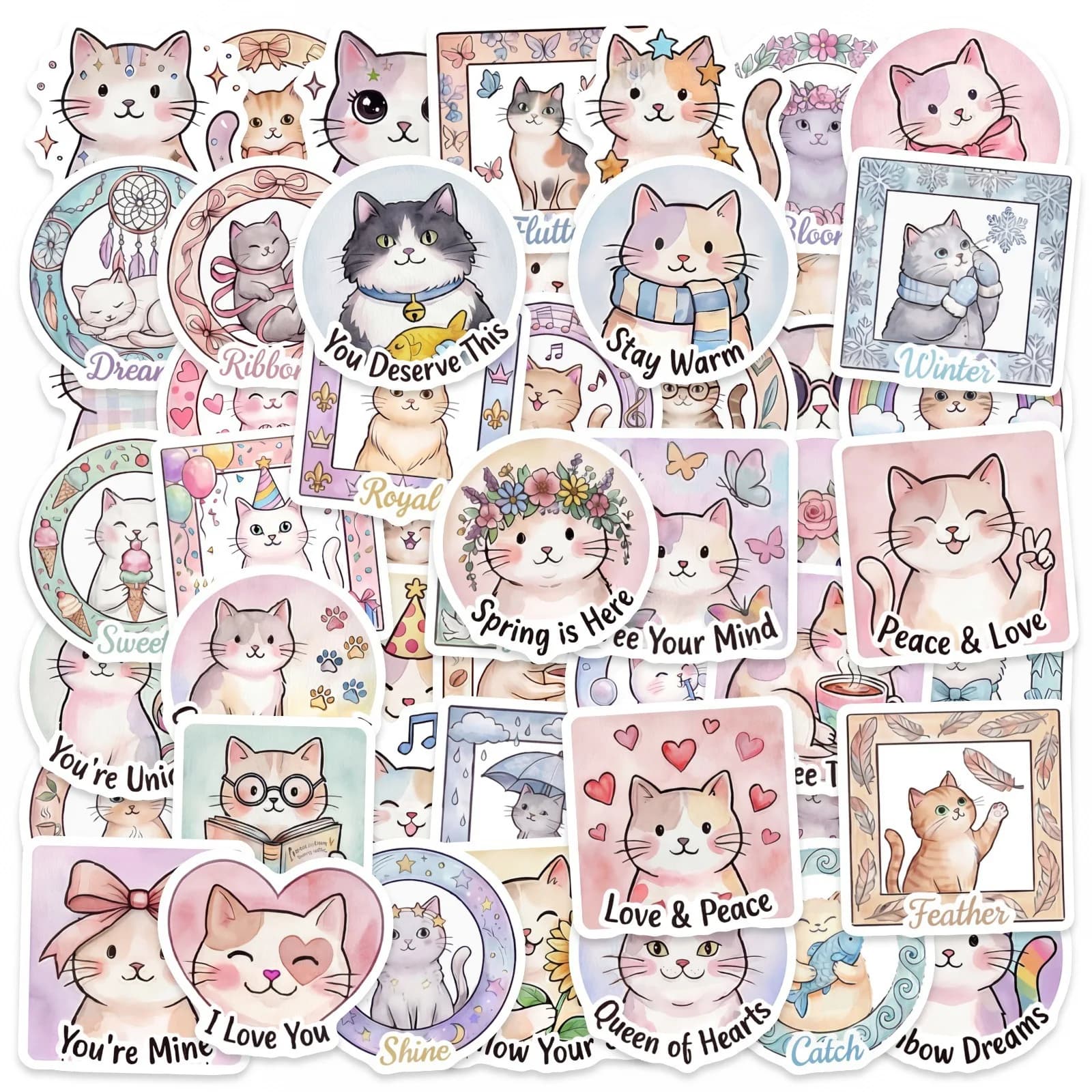 50/100 Pezzi Adesivi Rotondi Creativi con Testo a Tema Gatto, Impermeabili e Rimovibili in PP per Tazze, Valigie, Tablet, Telefoni, Caschi, Diari e Portadocumenti