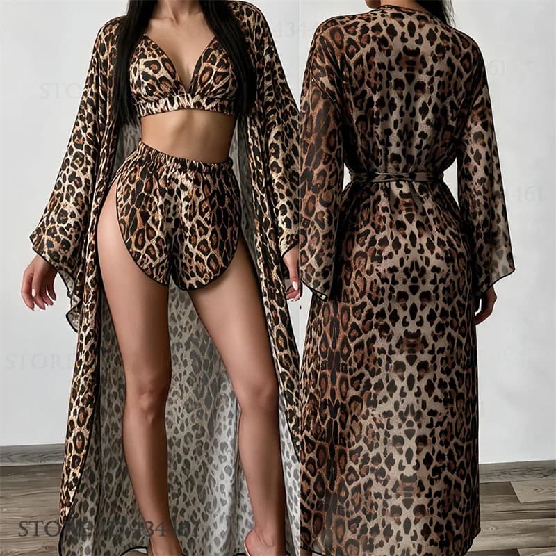 Sexy Leopard Long Robe Pajamas Three-Piece Set Spring Summer New Mujer Lingerie Homewear Trendy Loose Loungewear Bathrobe Pyjama