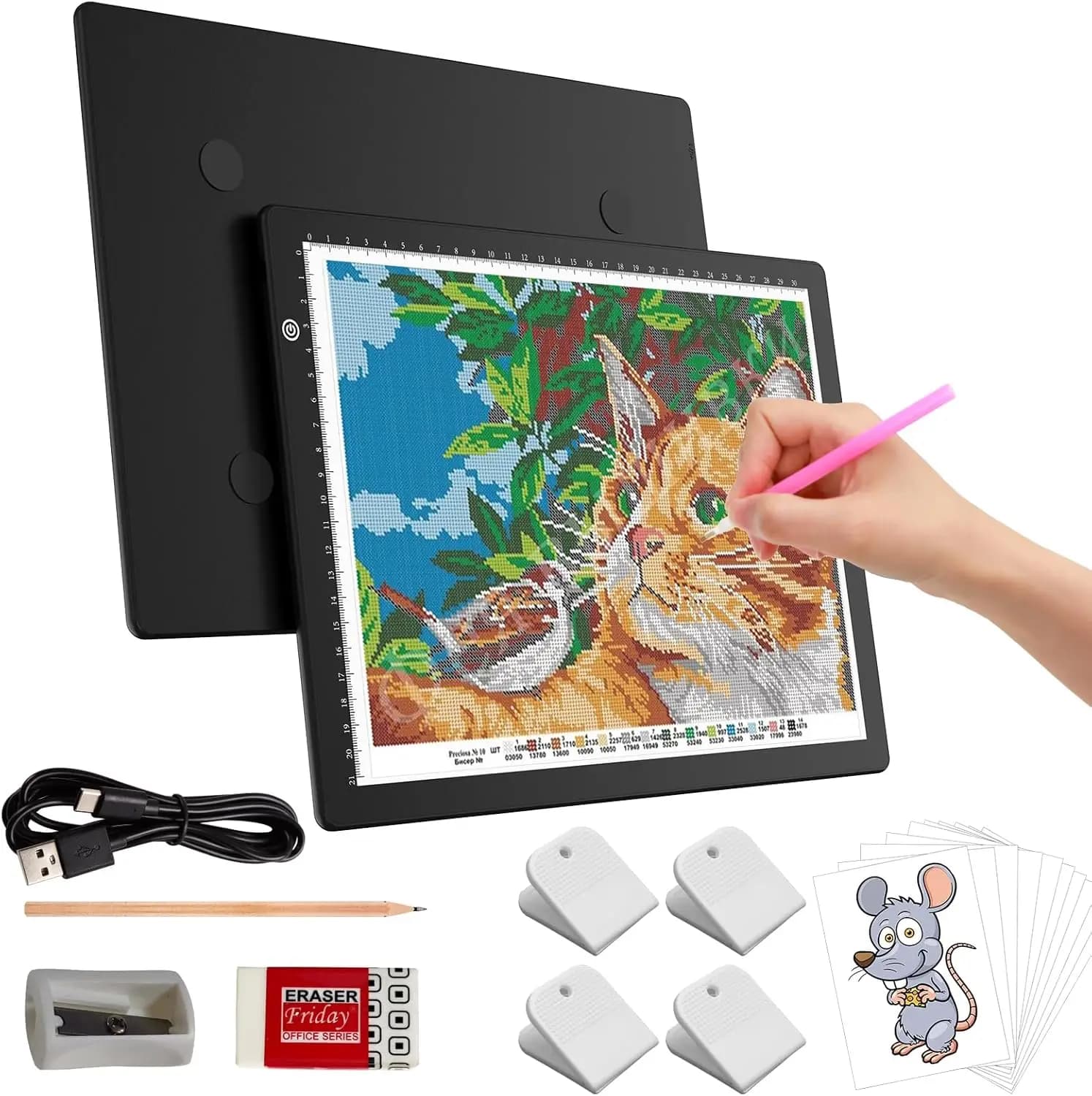 Tavoletta Luminosa LED A4 Ultra Sottile con 4 Clip, Luce Intensa per Diamond Painting, Disegno, Schizzi e Taglio Vinile