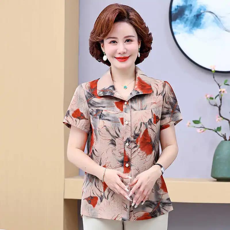 Summer Short Sleeve Shirt Collar Water-Media Painting Top Mom's Outfit Set Elderly Women's Loose Fit Blouse Thin Polyester Fa...