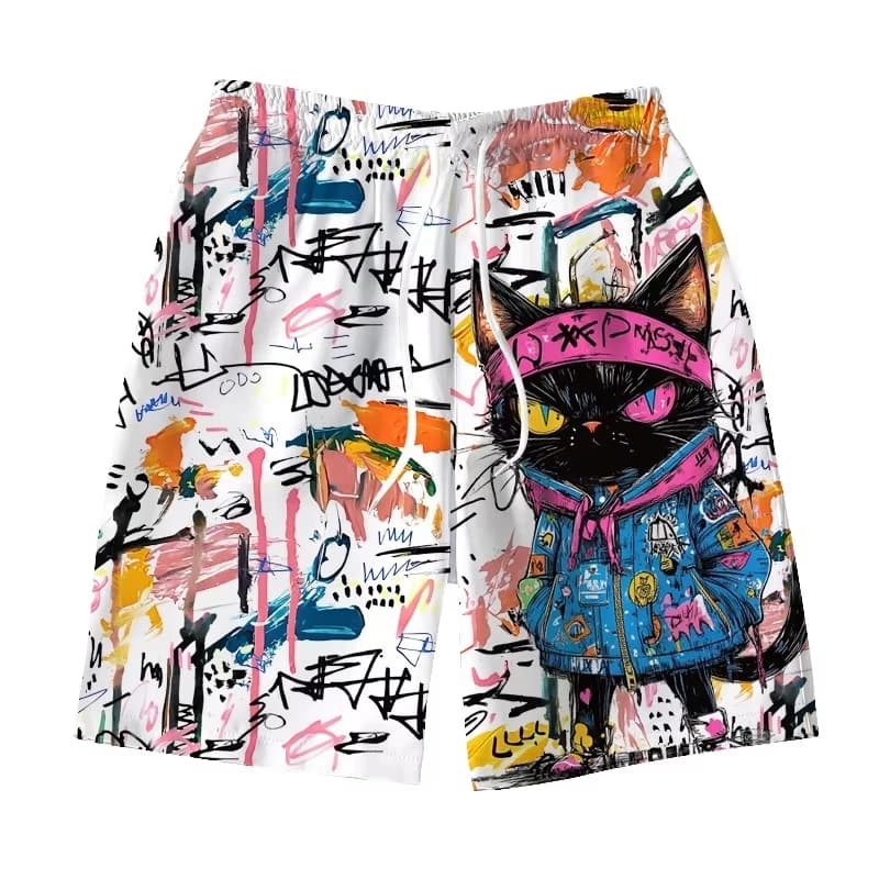 3D Print Colorful Graffiti Cat Short Pants For Men Cute Animal Pattern Beach Shorts Summer Casual Street Breathable Swim Trunks