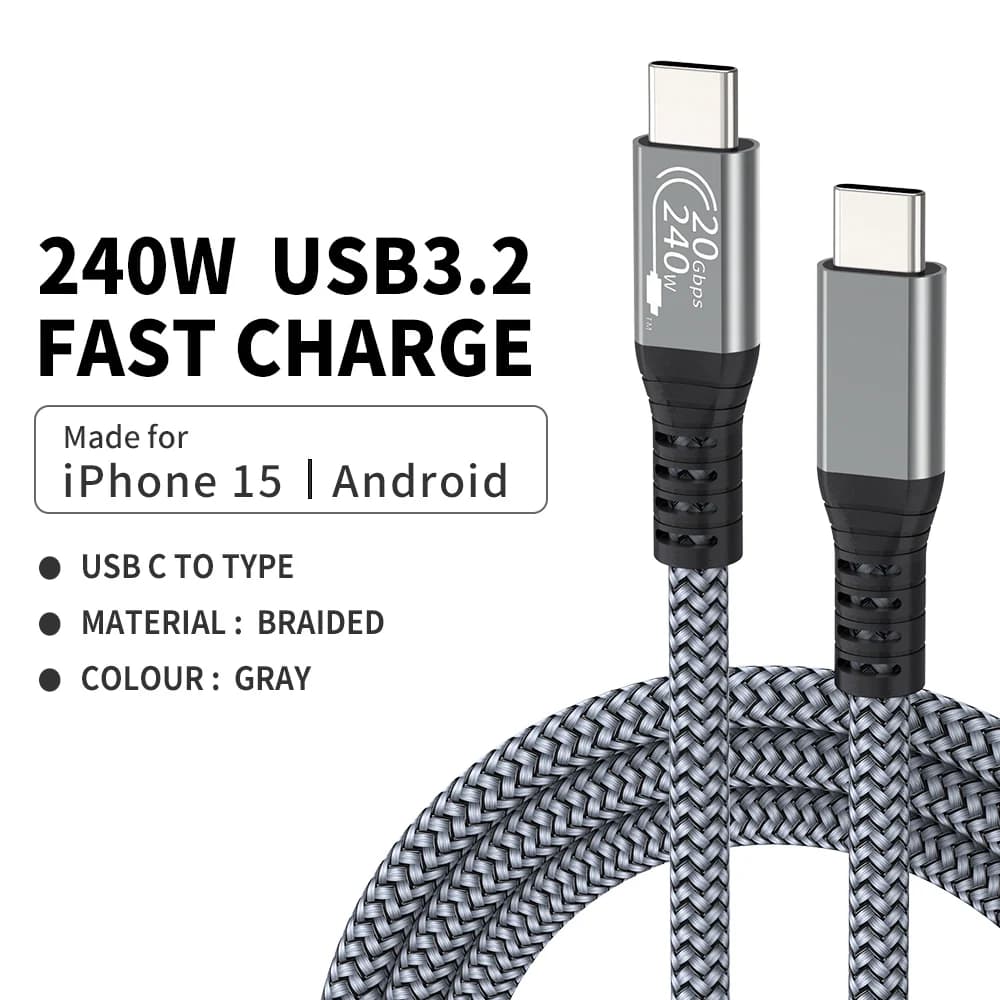 USB C fast charging cable to Type C PD240W, USB data transmission 3.2 20Gbps, 4K 60Hz for iPhone 16 15 Pro Max Plus MacBook iPad