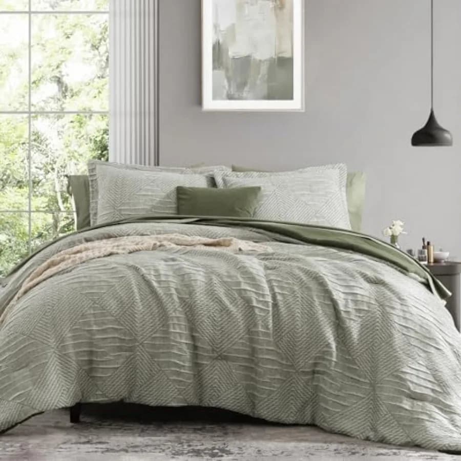 Set Copripiumino con Texture Increspata e Motivo a Rombi, Stile Boho, 7 Pezzi, Set Letto Completo per Tutte le Stagioni, Set Copripiumino Geometrico con Lenzuola