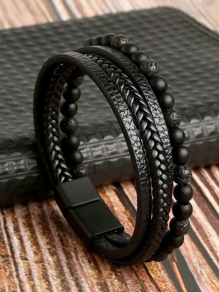 Vintage men's natural lava stone matte black onyx multi-layer leather beaded bracelet