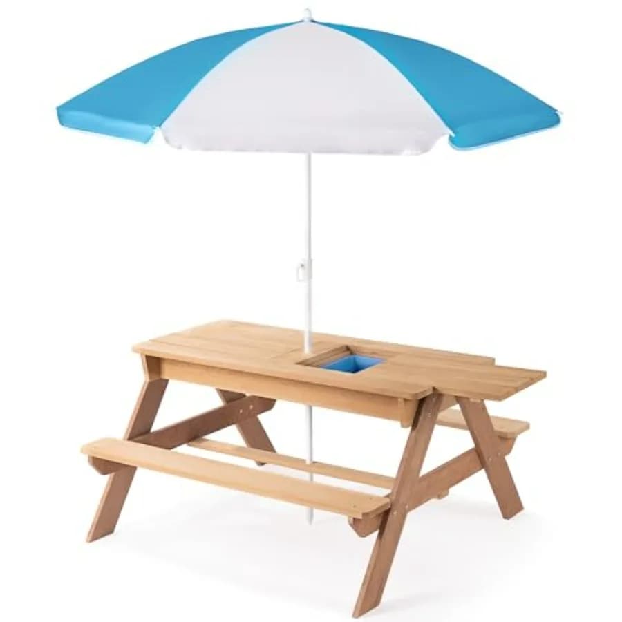 Tavolo da Picnic Convertibile 3-in-1 in Legno per Esterni con Ombrellone per Divertimento su Sabbia e Acqua, Finitura in Legno Naturale con Supporto Integrato