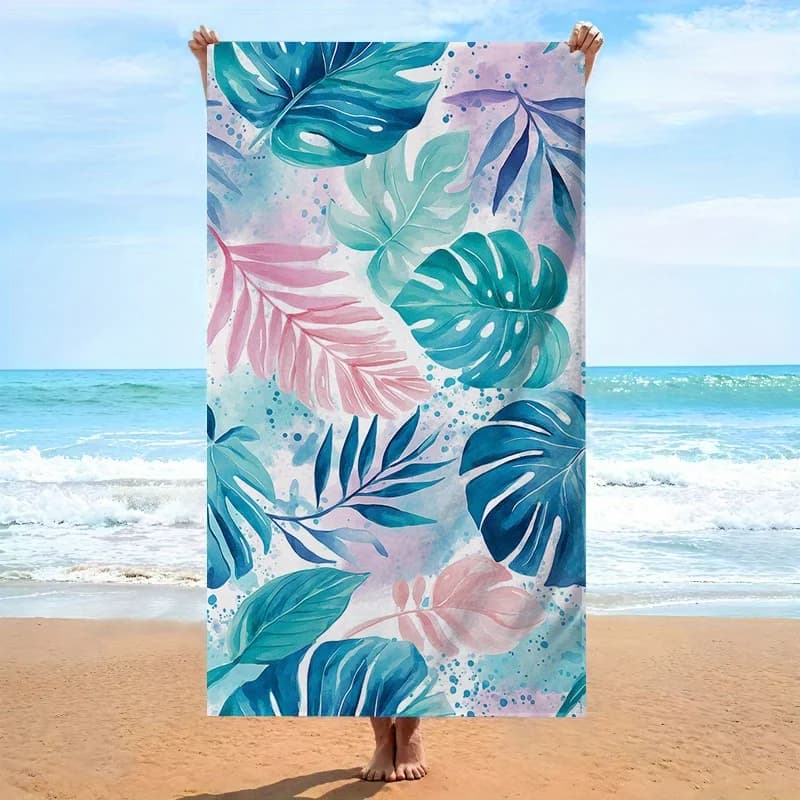 Asciugamano da spiaggia con motivo a foglie tropicali, 1 pezzo, in morbida microfibra, unisex, di grandi dimensioni, per nuoto, viaggi, campeggio