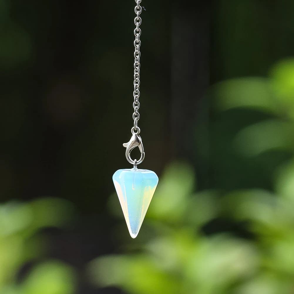 2.2cm 1.5cm Opalite Crystal Pendulum Dowsing Cone Pendant With Silver Chain For Divination Healing Reiki Spiritual Jewelry Gift