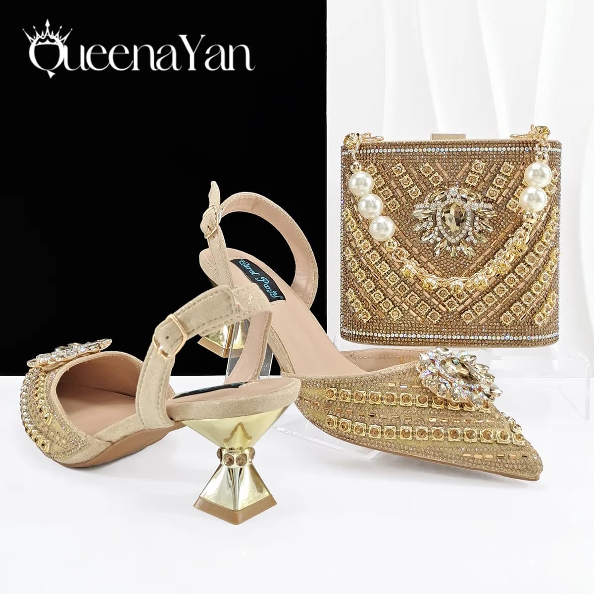 Queena Yan 2025 Set di tacchi alti con strass a punta in stile italiano e set di borse con zeppa dorate - Scarpe da donna eleganti da festa con tacco
