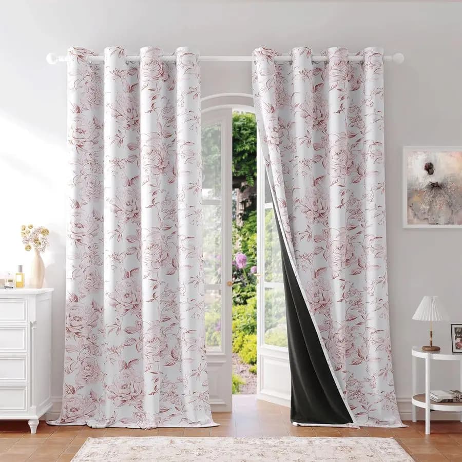 100% Dark Curtains with Floral Pattern, Lengths 84 Inches, 2 Bedroom Panels and Living Room, White Pink Rustic Style, Ancient Pink Floral Pattern