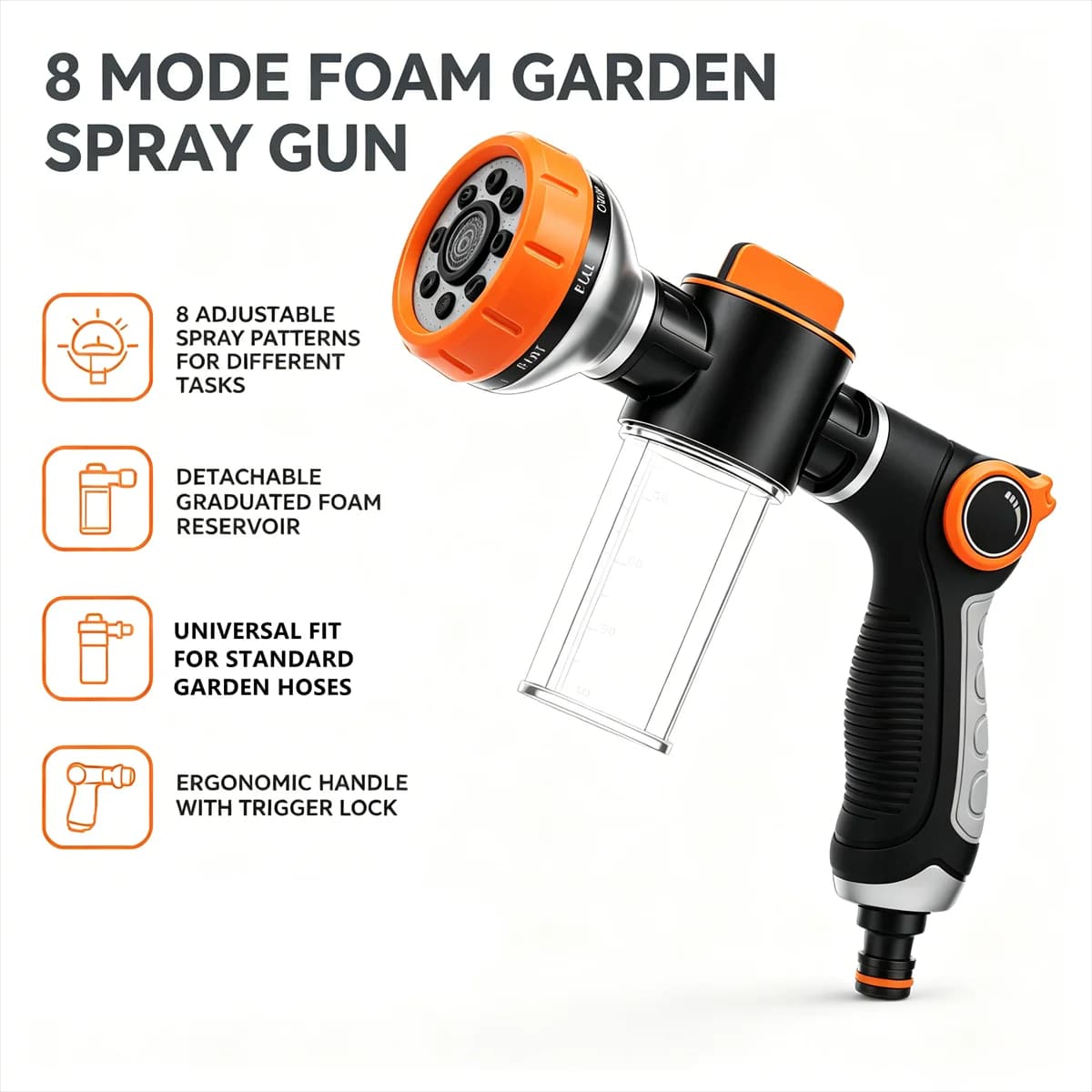 8-Pattern Garden Hose Nozzle with 100ml Soap Dispenser Bottle High Pressure Foam Blaster Car Washing Gun for Patio Plant Waterin