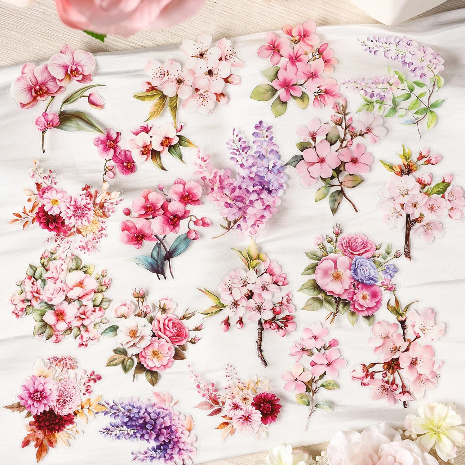 JIANQI 20Pcs PET Plant flowers Stickers Transparent Decorative Decals For Scrapbooking Sticker Pack Labels Junk Journal Supplies