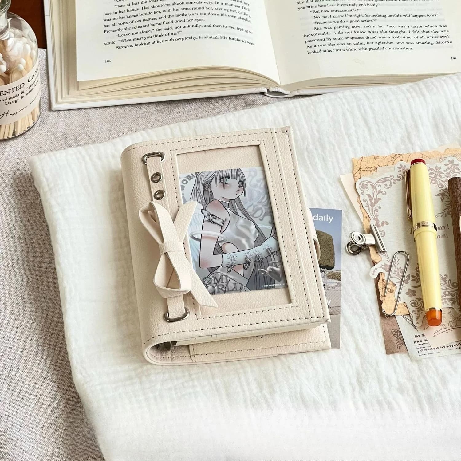 A7 White Window Butterfly Knot A7 Spiral Notebook with Detachable Leather Cover and Portable Inner Pages for Journaling