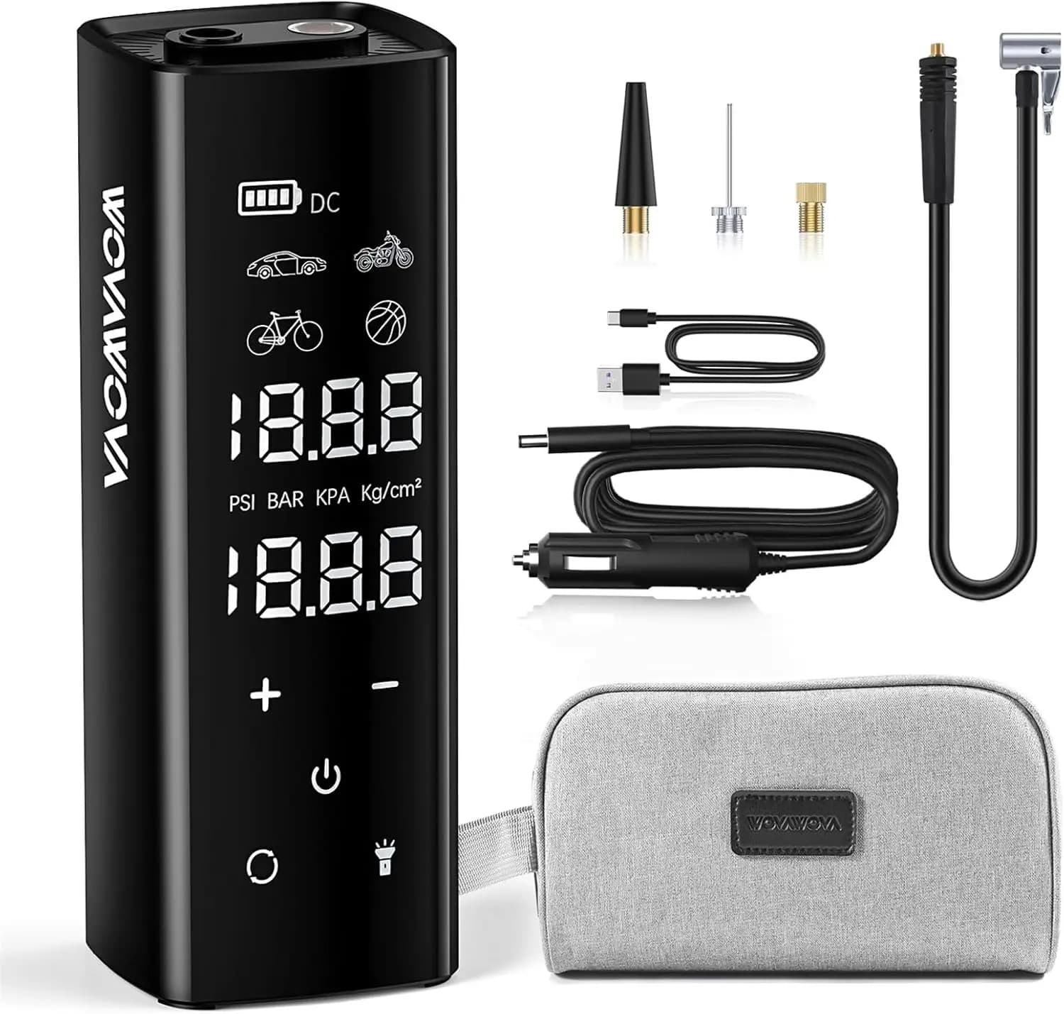Gonfiatore portatile per pneumatici 150PSI, pompa ad aria senza fili da 12000 mAh con touch screen e misuratore per pneumatici per auto/moto/biciclette