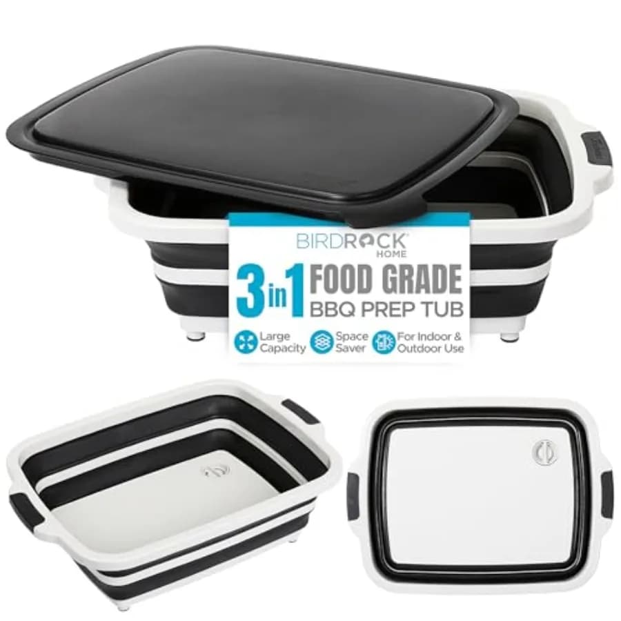 Vasca Pieghevole Grande per Preparazione BBQ con Tagliere, Caddy Multifunzione per Griglia con Scolapasta e Coperchio, Ciotola Portatile in Silicone per Pi