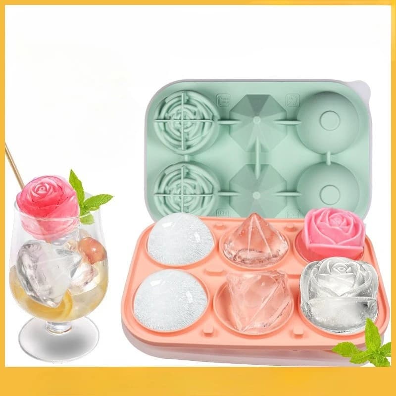 Vassoi per cubetti di ghiaccio quadrati e rotondi in silicone per stampi per ghiaccio con sfera di rosa e diamanti per congelatore per cocktail di whisky e fai da te