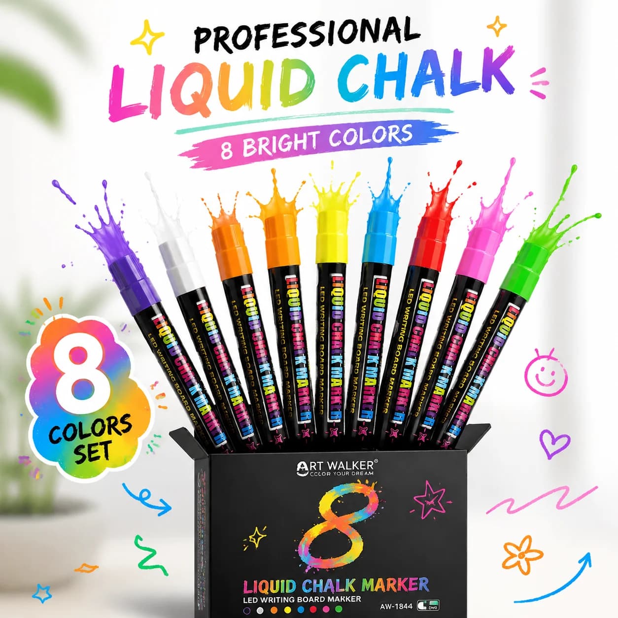 Pennarelli a Gesso Liquido Professionali 8 Pezzi, Cancellabili, per Menu Ristorante, Lavagna LED, Insegne per Finestre, Non Tossici, Asciugatura Rapida