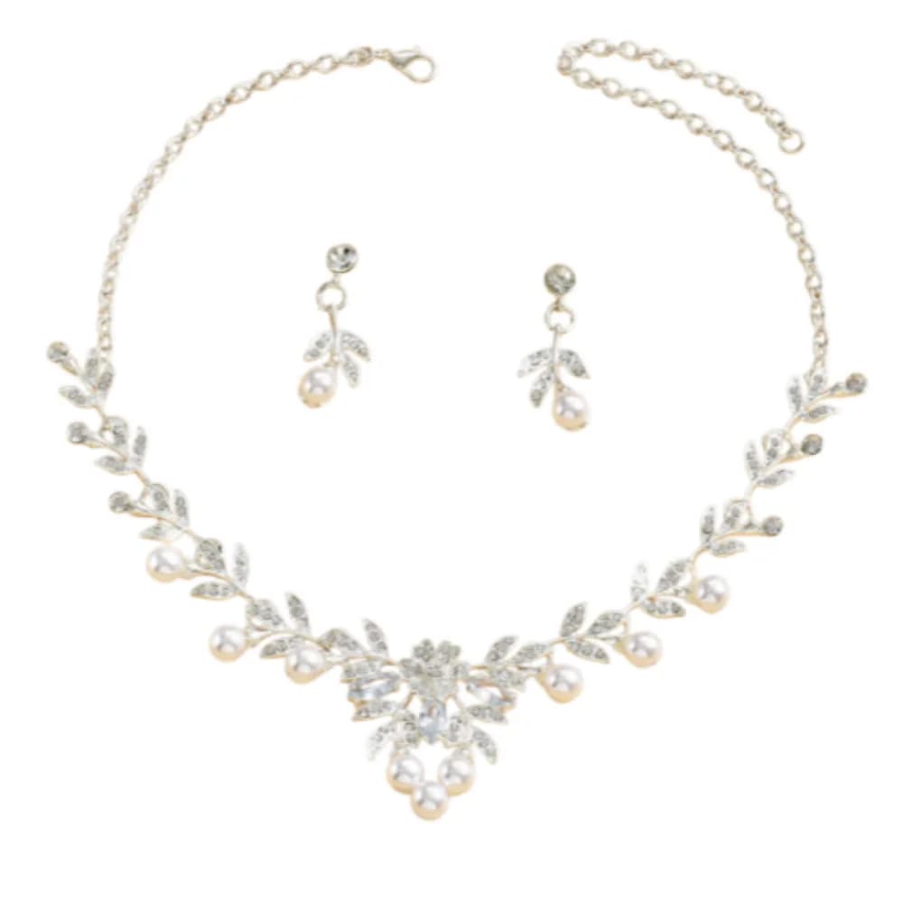 Set di collana e orecchini di perle, orecchini di perle a fiore sfaccettato, set di gioielli in cristallo, set di gioielli da sposa regolabili per il ballo di fine anno