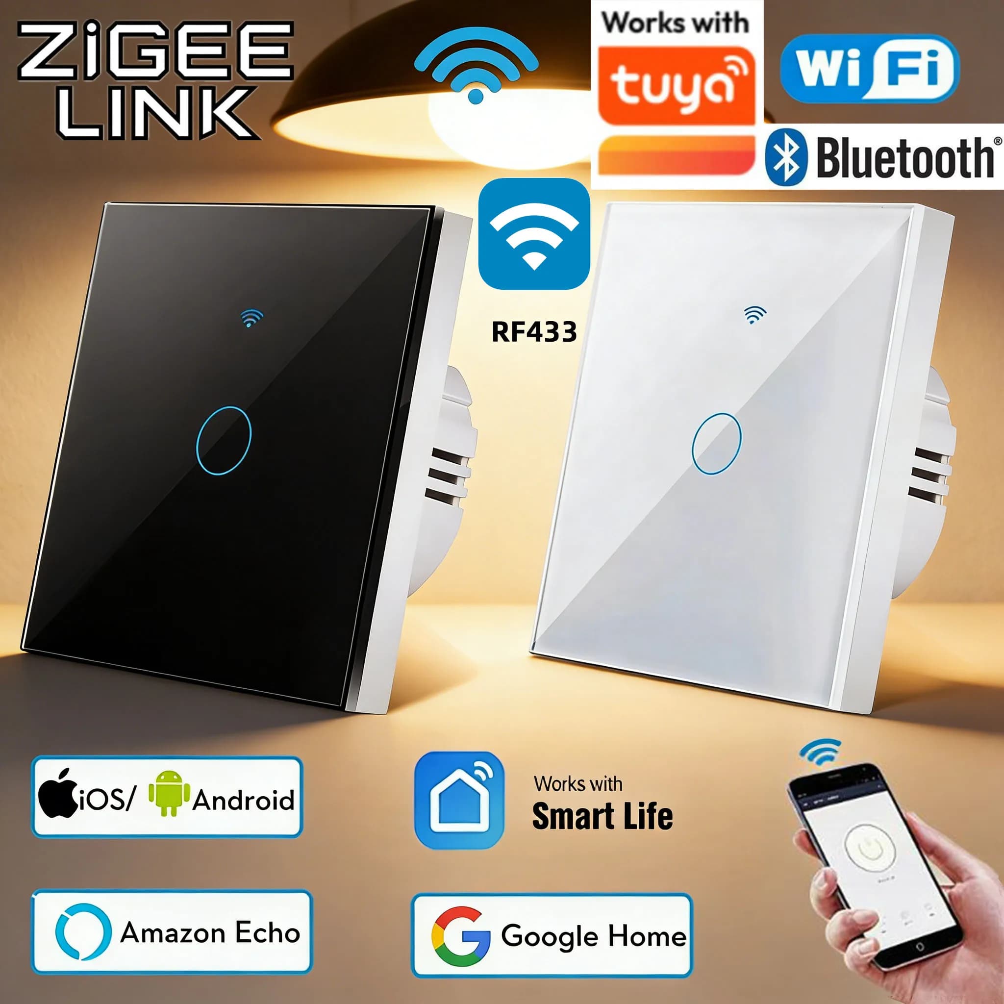 Interruttore Intelligente TUYA WiFi RF433 Bianco Touch da Parete Standard EU con Funzione Timer, Nessun Cavo Neutro Necessario, Controllo tramite App Alexa Google Home