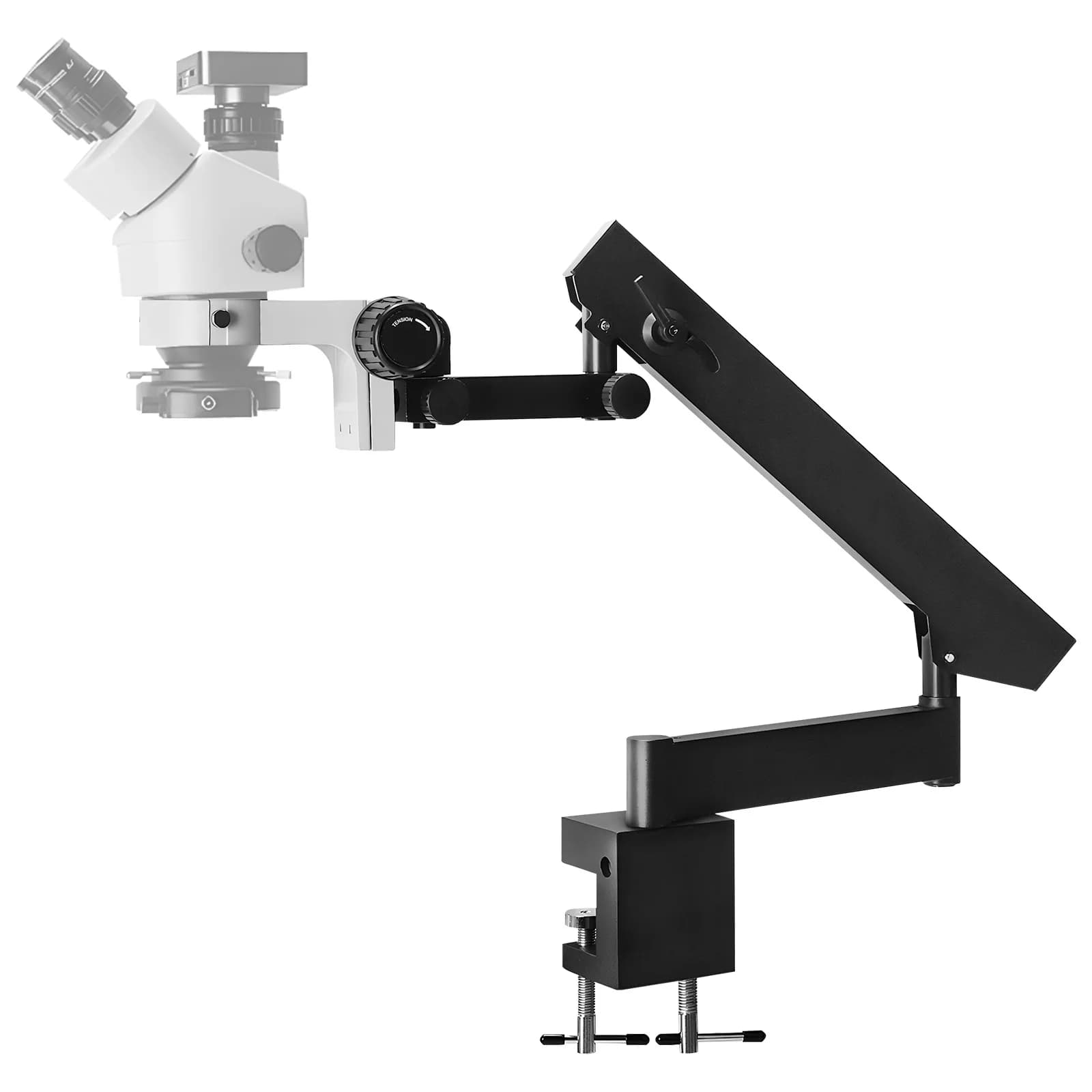Supporto a braccio articolato con morsetto da tavolo, regolabile in altezza, per microscopi stereo