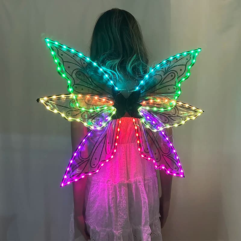Vendita calda LED Ali di farfalla colorate che volano Ali di fata colorate per adulti Abbigliamento per prestazioni luminose Forniture per luci da bar di carnevale