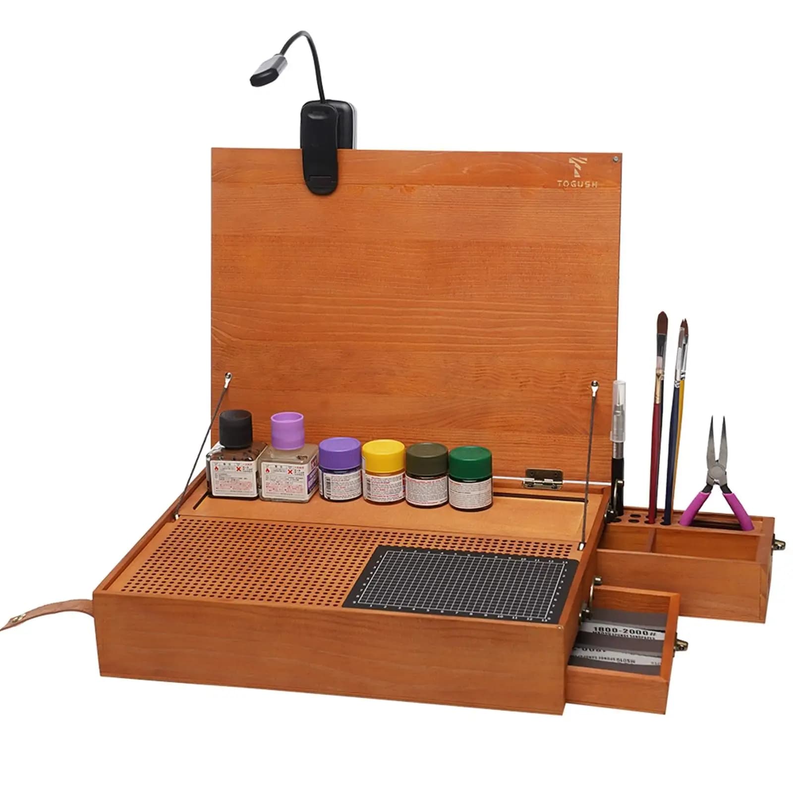 Tavolo da lavoro per hobby per modellismo, organizer portatile con tappetino da taglio, banco da lavoro con luce per lucidatura, colorazione, creazione di modelli