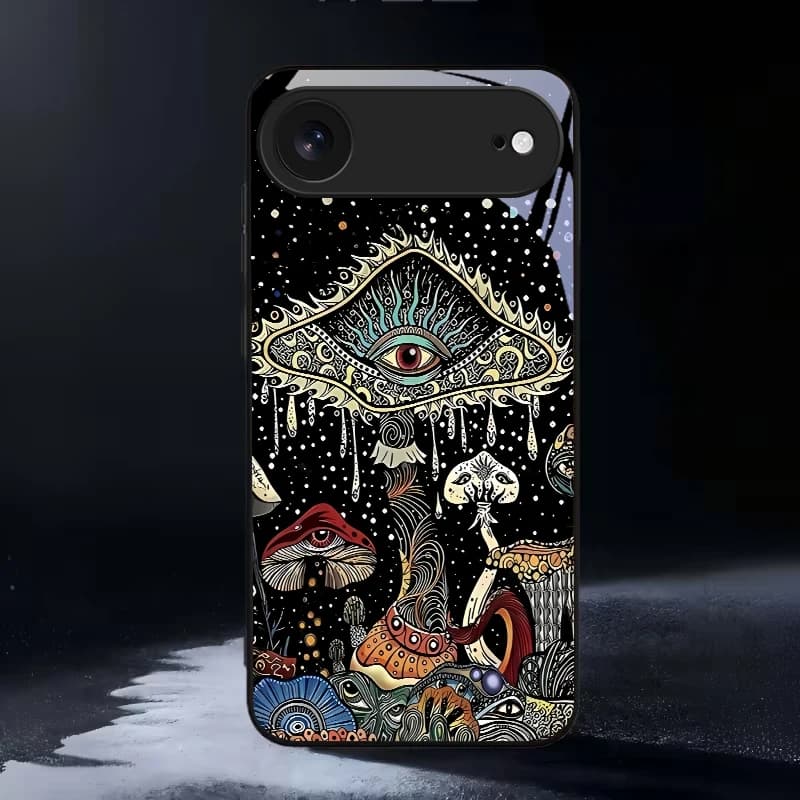 Mystic Evil Eye Mushroom Black Glass Phone Case For iPhone 11 Pro 12 13 mini 14 15 Pro Max 16 E 17 Air XS Max XR 8 7 Plus Cover